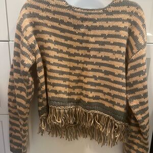 Storia Tan and Gray Striped Fringe Sweater